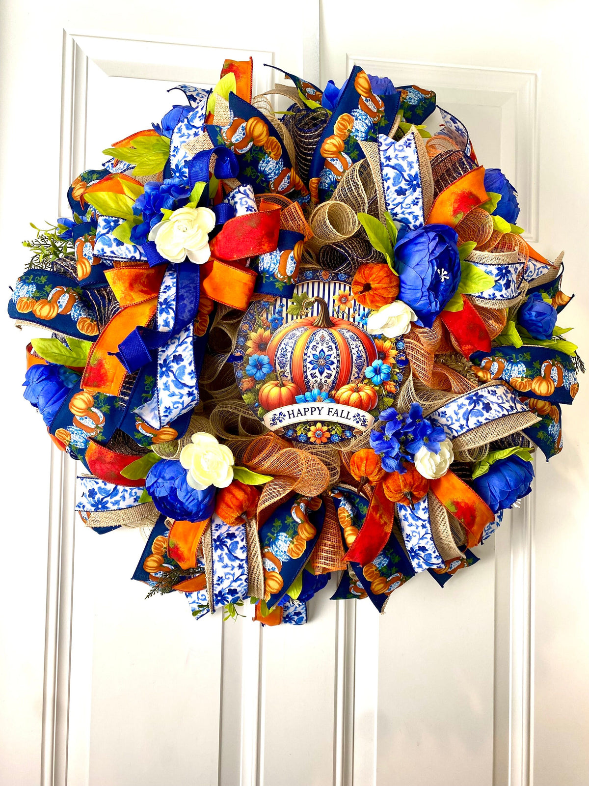 Blue Peony Pumpkin Fall Wreath: Farmhouse Autumn Decor (28” x 6”)