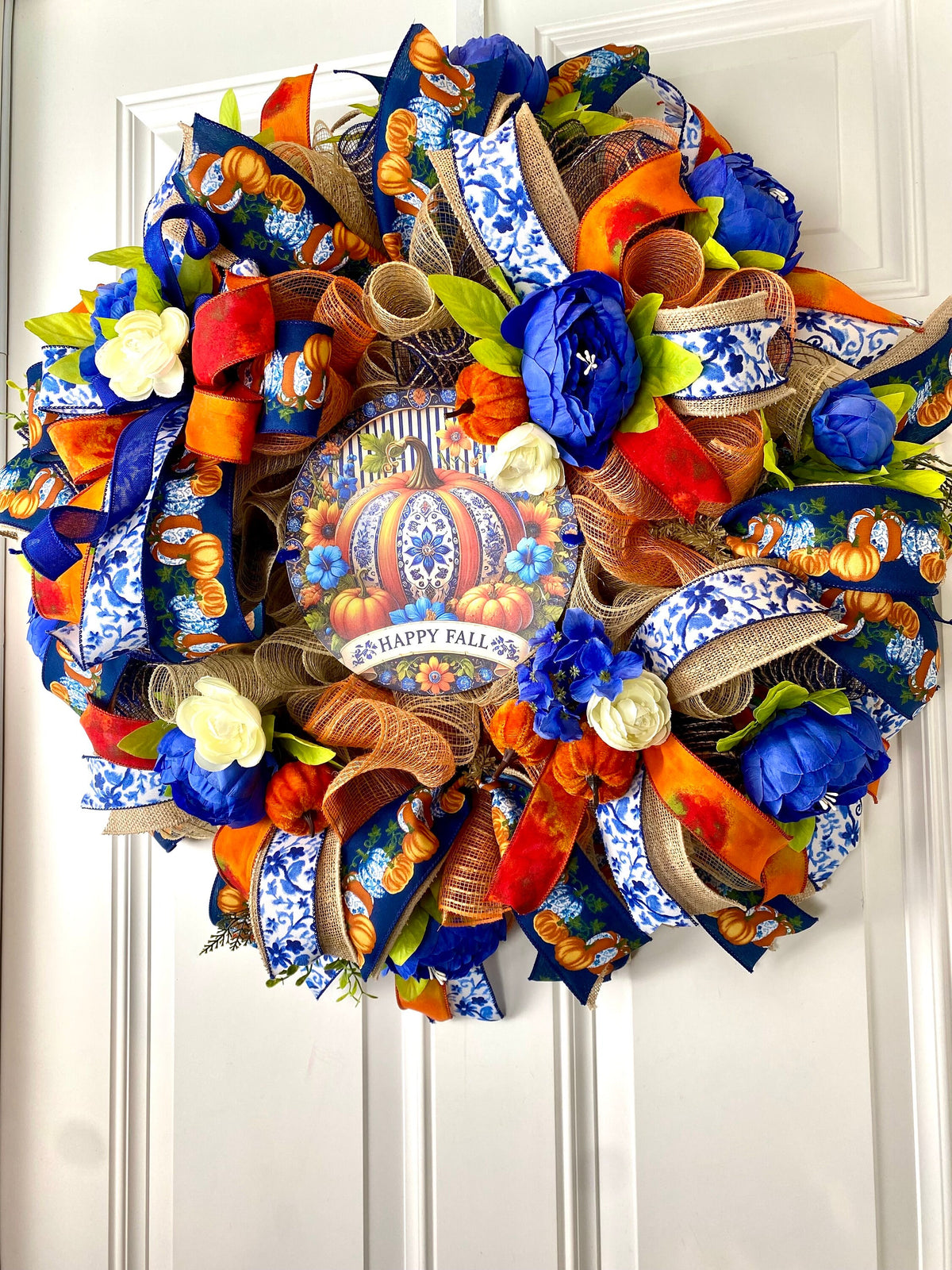 Blue Peony Pumpkin Fall Wreath: Farmhouse Autumn Decor (28” x 6”)