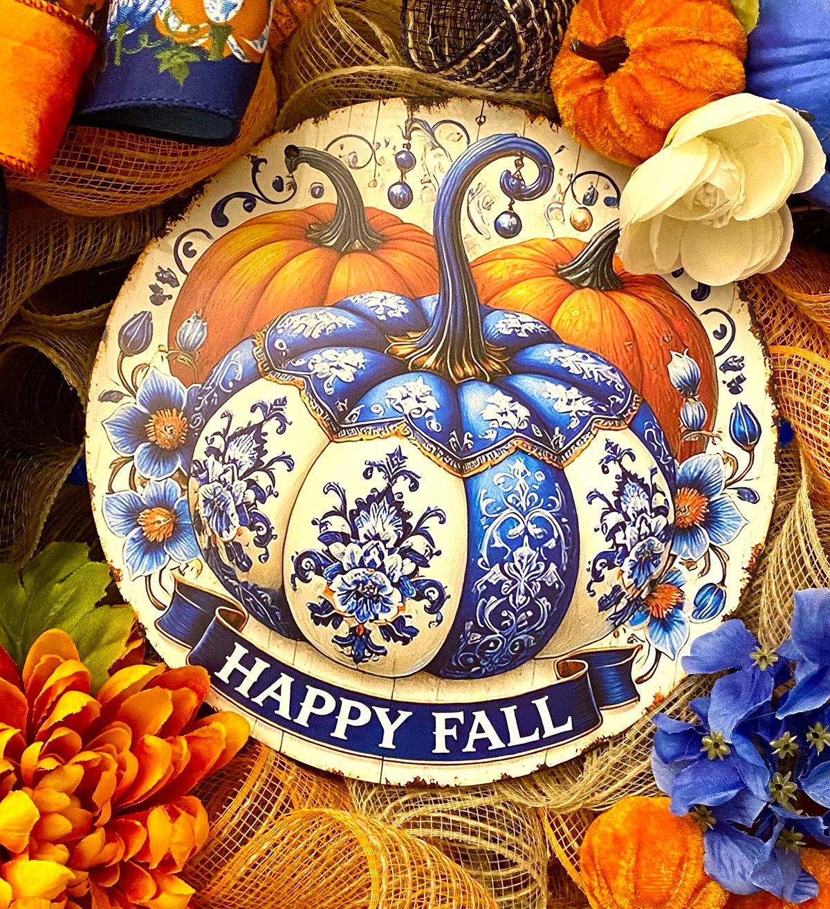 Blue Peony Pumpkin Fall Wreath: Farmhouse Autumn Decor (28” x 6”)