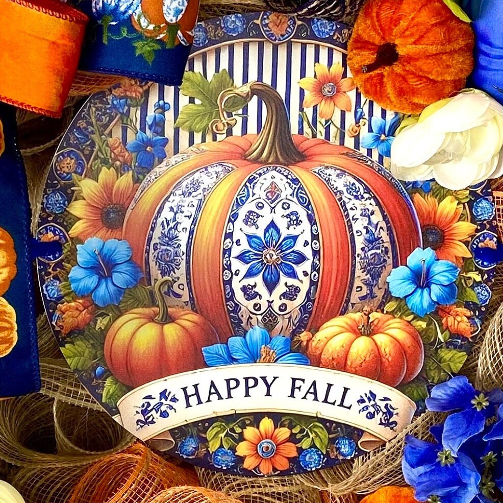 Blue Peony Pumpkin Fall Wreath: Farmhouse Autumn Decor (28” x 6”)