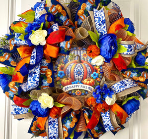 Blue Peony Pumpkin Fall Wreath: Farmhouse Autumn Decor (28” x 6”)