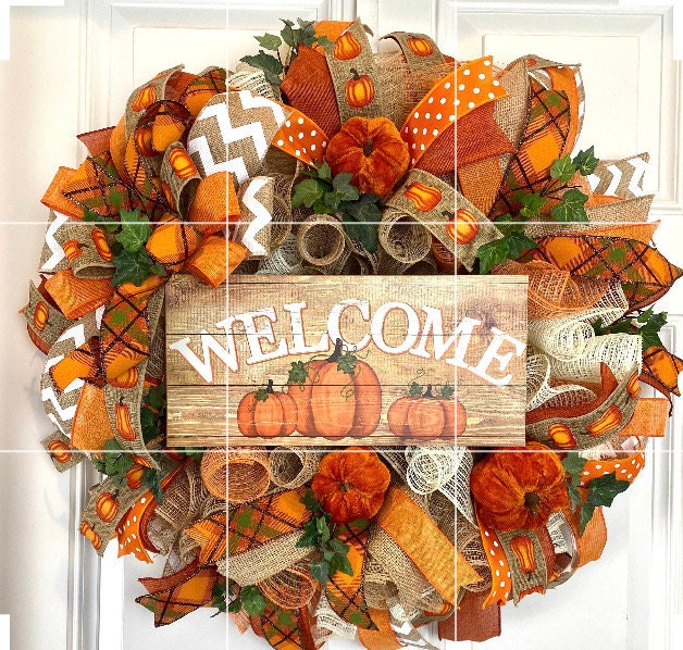 Fall Wreath, Farmhouse Pumpkin, Thanksgiving Decor, Mesh Wreath, Autumn