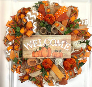 Fall Wreath, Farmhouse Pumpkin, Thanksgiving Decor, Mesh Wreath, Autumn