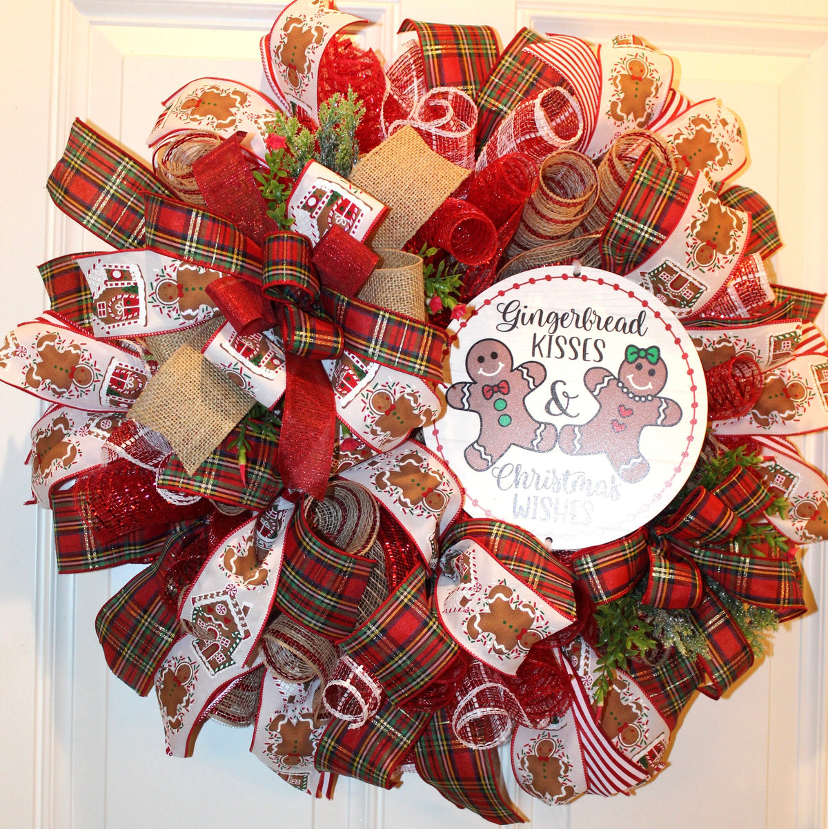 Gingerbread Kisses Christmas Wreath: Candy Cane & Plaid Ribbons