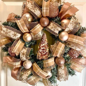 Lighted Rose Gold Wreath, Christmas Ornament Wreath, Holiday Porch Decor