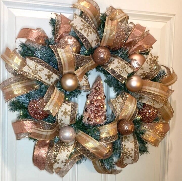 Lighted Rose Gold Wreath, Christmas Ornament Wreath, Holiday Porch Decor