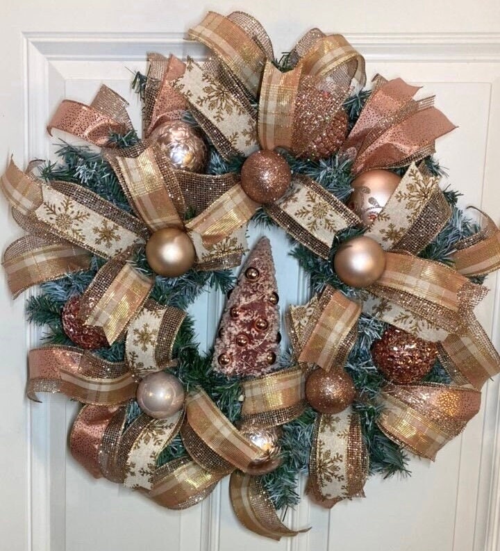 Lighted Rose Gold Wreath, Christmas Ornament Wreath, Holiday Porch Decor