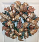 Lighted Rose Gold Wreath, Christmas Ornament Wreath, Holiday Porch Decor