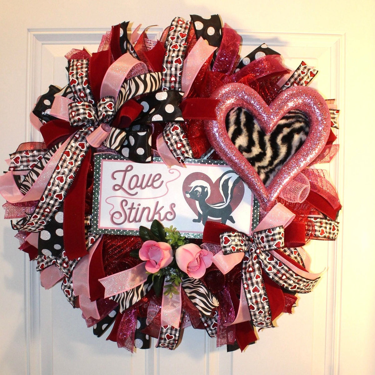 Love Stinks Valentine Wreath: Furry Skunk Heart, Zebra Print
