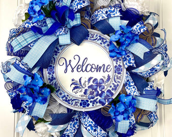 Blue and White Hydrangea Wreath, Chinoiserie Everyday Wreath, Front Door Farmhouse Wreath for Every Season, Summer Deco Mesh