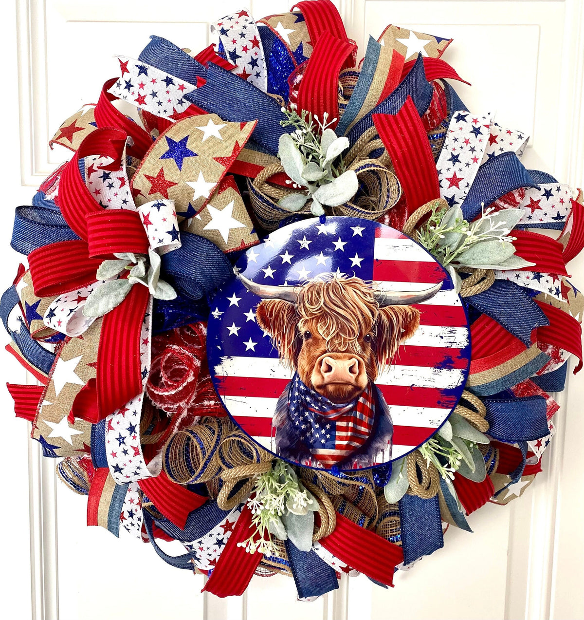 Everyday Patriotic Wreath, Highland Cow, Summer, Stars & Stripes, Everyday, Memorial Day, Double Doors, Flag, 4th of July, Summer Wreath