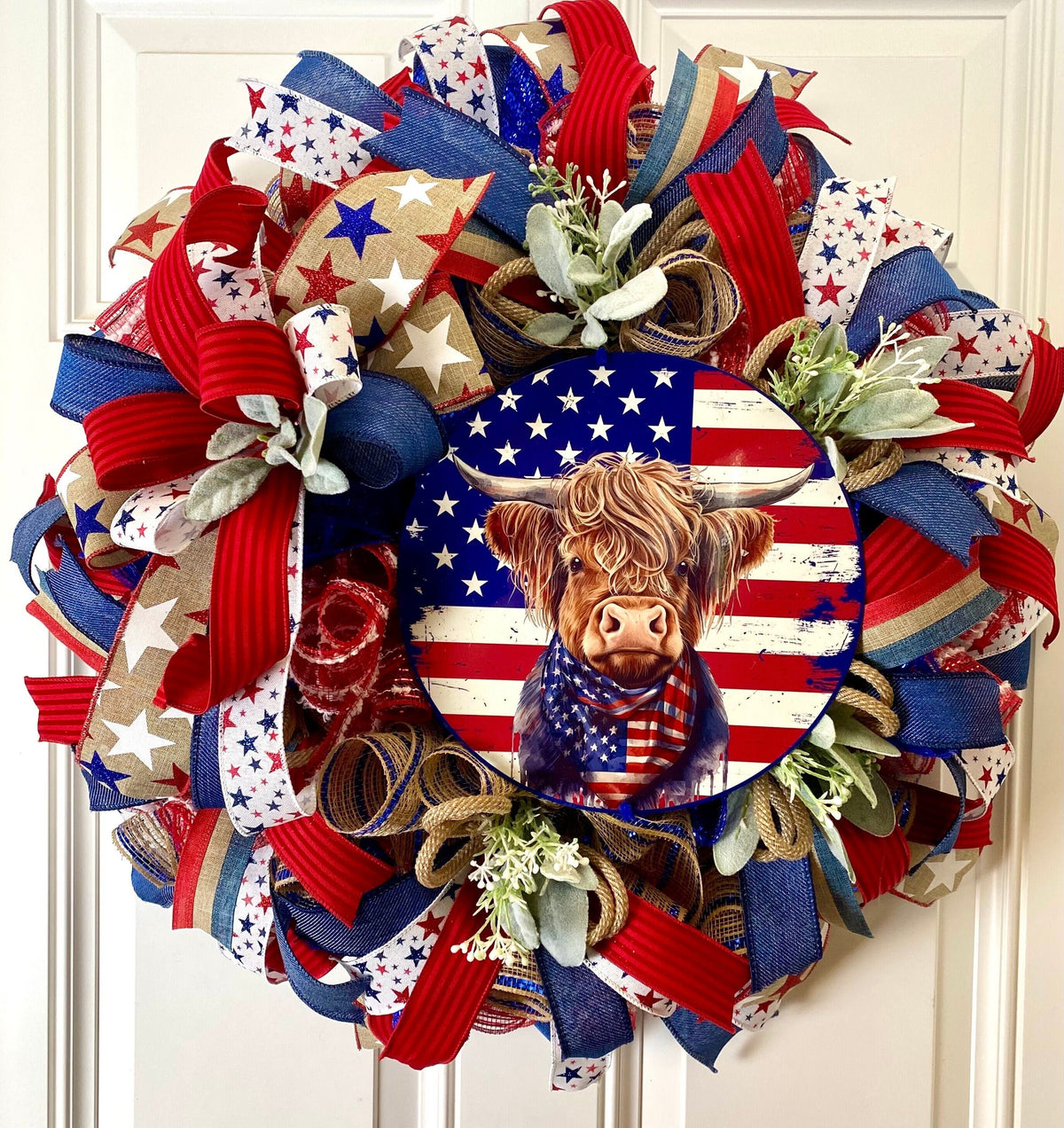 Everyday Patriotic Wreath, Highland Cow, Summer, Stars & Stripes, Everyday, Memorial Day, Double Doors, Flag, 4th of July, Summer Wreath