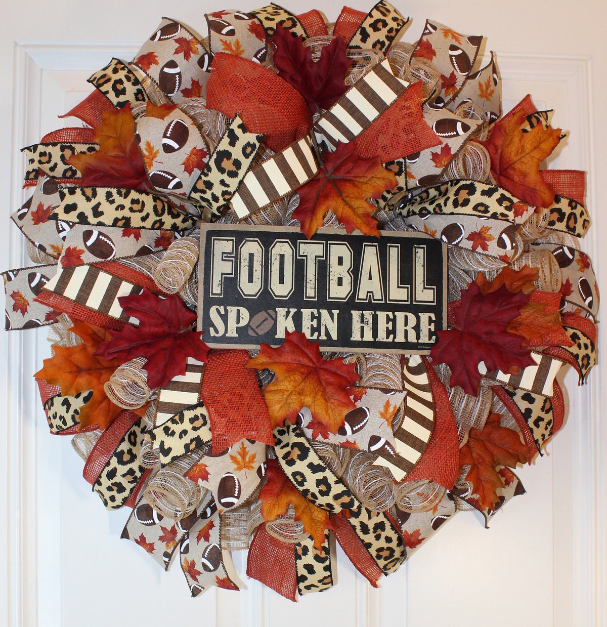 Fall Wreath, Football decor, Cheetah Wreath for Front Football Leaves Wreath, Fall Decor, Man cave, Sports Bar deco mesh, gameroom