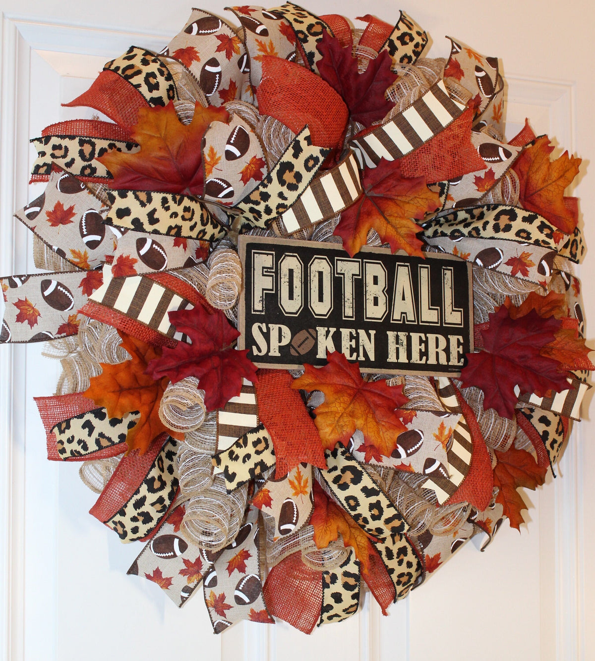 Fall Wreath, Football decor, Cheetah Wreath for Front Football Leaves Wreath, Fall Decor, Man cave, Sports Bar deco mesh, gameroom