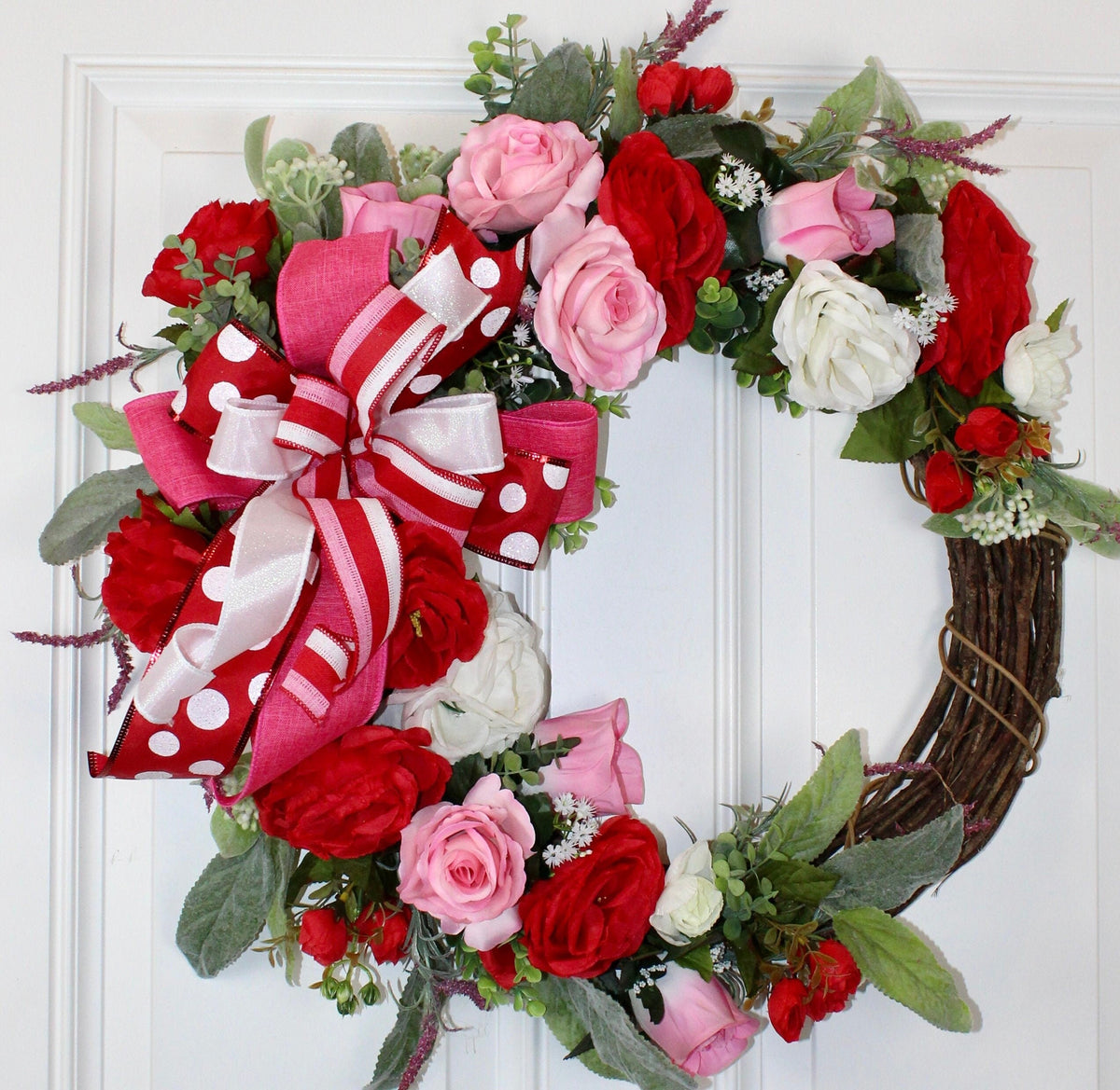 Christmas Wreath, Rose & Lambs Ear Floral Everyday Wreath, Peonies/rose wreath, Front Door Valentine Wreath, Anniversary, gift for her