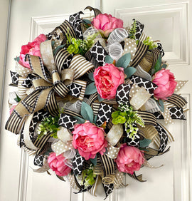 Floral Peony Everyday Wreath Front Door, Peony Wreath, Farmhouse Wreath for Every Season, Spring Wreath, Summer Deco Mesh
