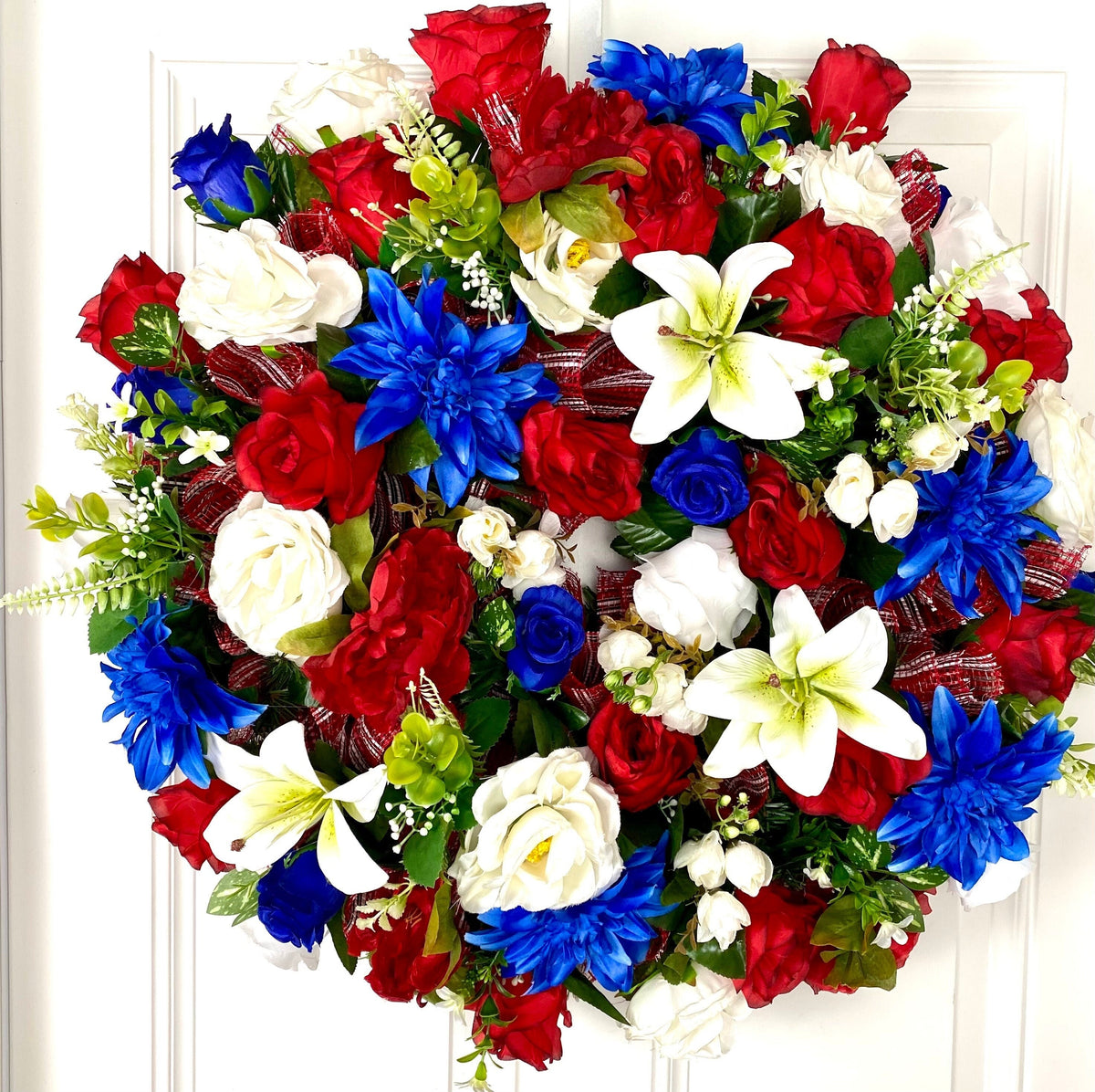 Patriotic Floral Wreath, 4th of July, Summer, Red White & Blue, Everyday, Memorial Day, Double Doors, Flag, everyday