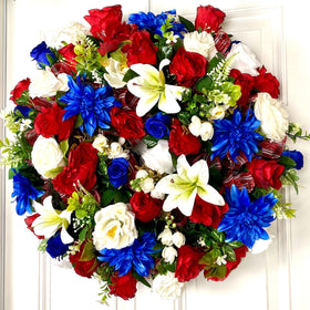 Patriotic Floral Wreath, 4th of July, Summer, Red White & Blue, Everyday, Memorial Day, Double Doors, Flag, everyday