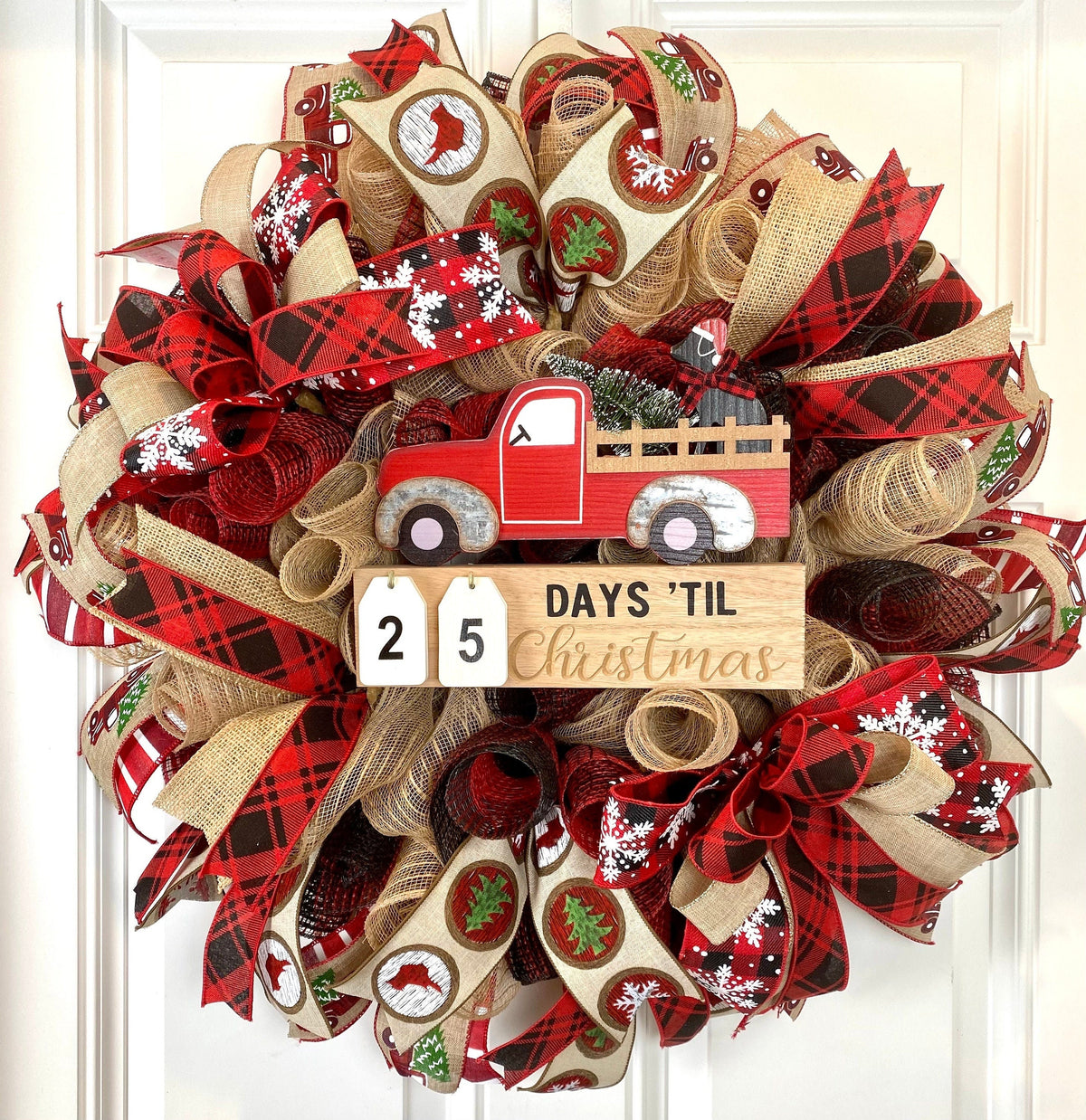 Christmas Countdown Wreath, Red Truck Buffalo Plaid, Deco Mesh Dog Lover wreath, Farmhouse Christmas Wreath for front door