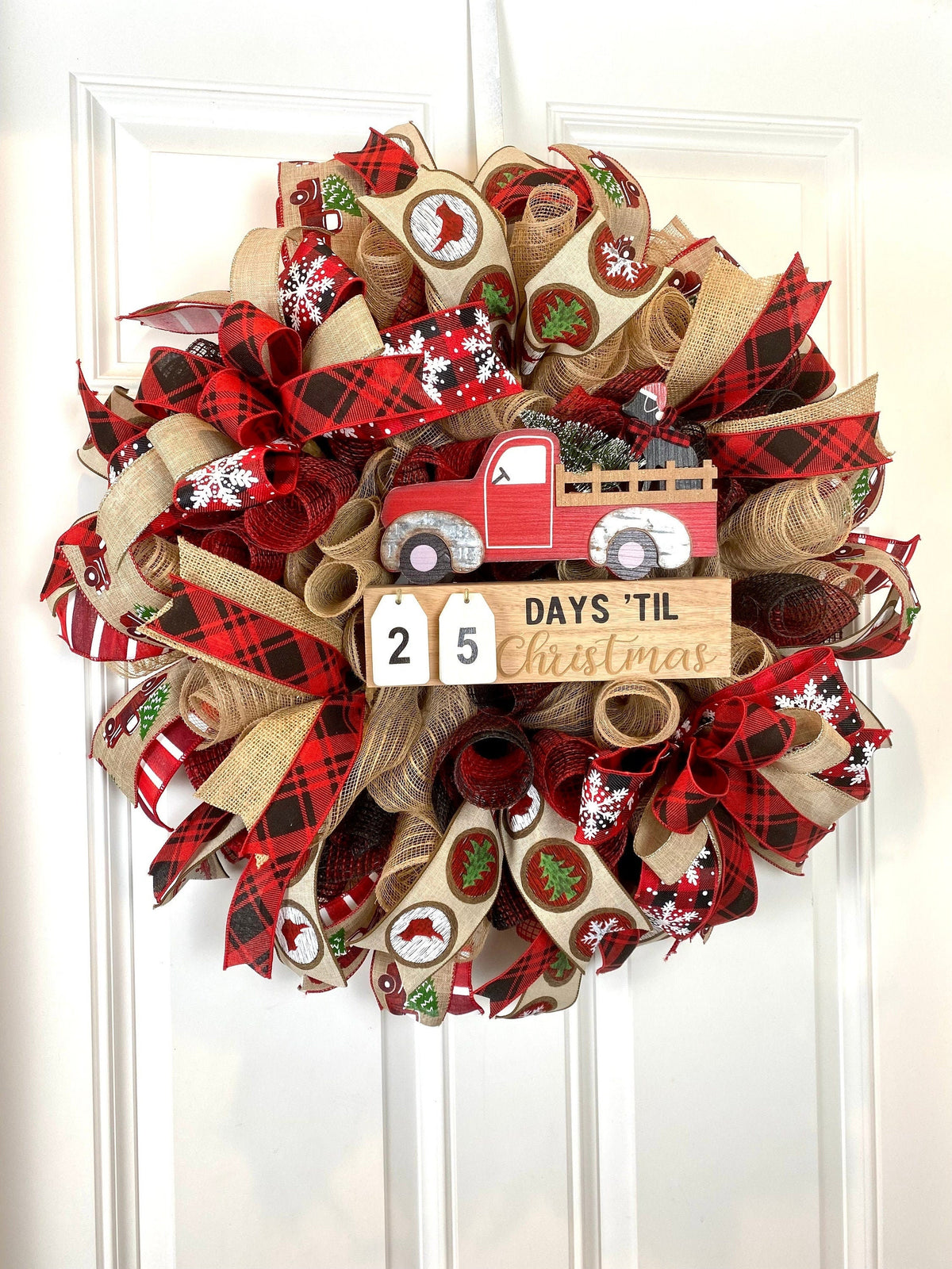 Christmas Countdown Wreath, Red Truck Buffalo Plaid, Deco Mesh Dog Lover wreath, Farmhouse Christmas Wreath for front door