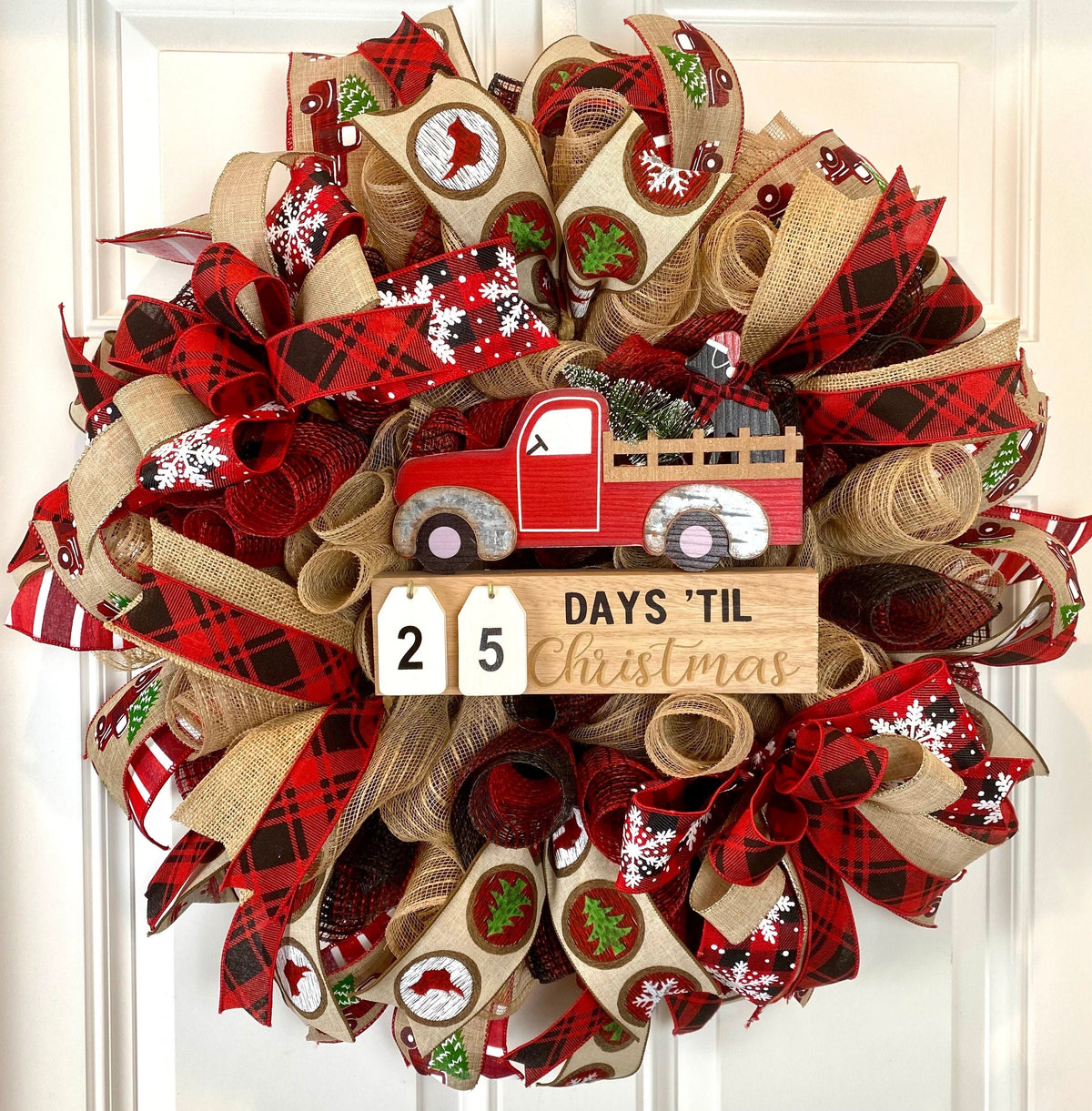 Christmas Countdown Wreath, Red Truck Buffalo Plaid, Deco Mesh Dog Lover wreath, Farmhouse Christmas Wreath for front door
