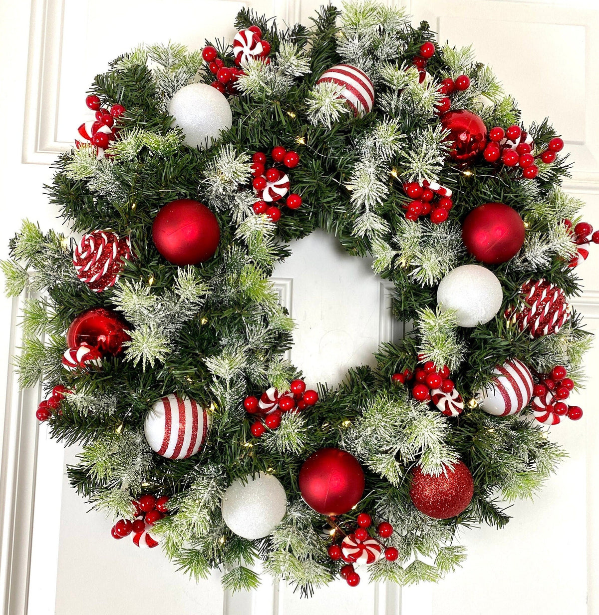 Lighted Peppermint Christmas Ornament Wreath, Holiday Ornament Wreath, Winter Porch Decor, Red and White