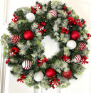 Lighted Peppermint Christmas Ornament Wreath, Holiday Ornament Wreath, Winter Porch Decor, Red and White