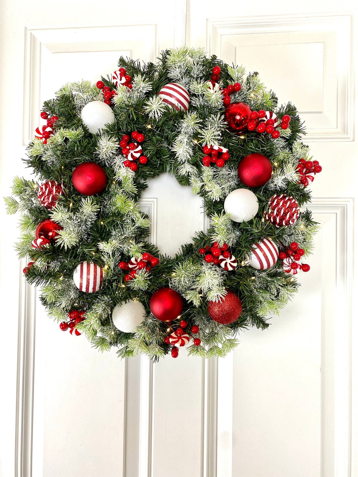 Lighted Peppermint Christmas Ornament Wreath, Holiday Ornament Wreath, Winter Porch Decor, Red and White