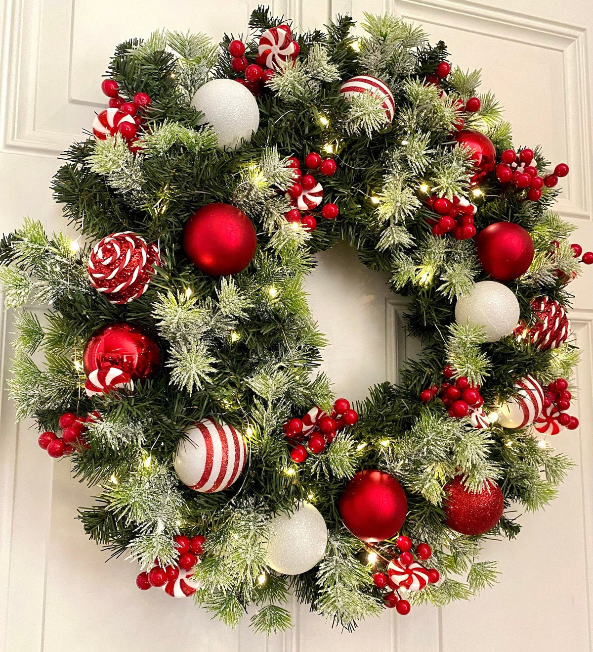 Lighted Peppermint Christmas Ornament Wreath, Holiday Ornament Wreath, Winter Porch Decor, Red and White
