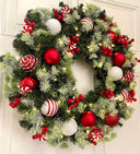 Lighted Peppermint Christmas Ornament Wreath, Holiday Ornament Wreath, Winter Porch Decor, Red and White