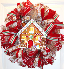 Christmas Wreath, Gingerbread Wreath, deco mesh wreath, Gingerbread House, Large Christmas Wreath for front door
