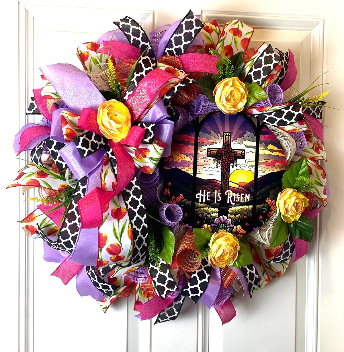 Easter Wreath, He is Risen Wreath, Spring Cross Wreath, Front Door Spring Wreath, Stained Glass