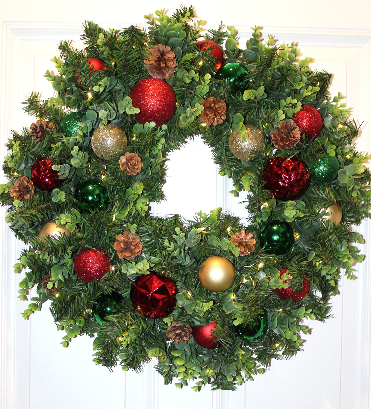 Lighted Christmas Ornament Wreath: Red, Green & Gold Holiday Decor