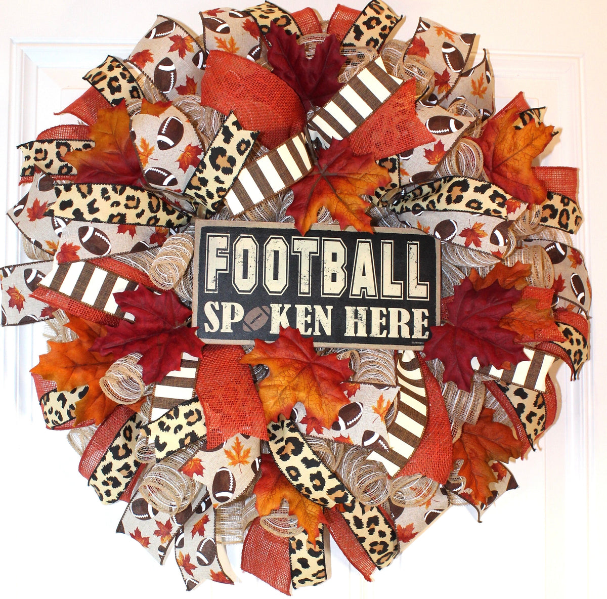 Fall Wreath, Football decor, Cheetah Wreath for Front Football Leaves Wreath, Fall Decor, Man cave, Sports Bar deco mesh, gameroom