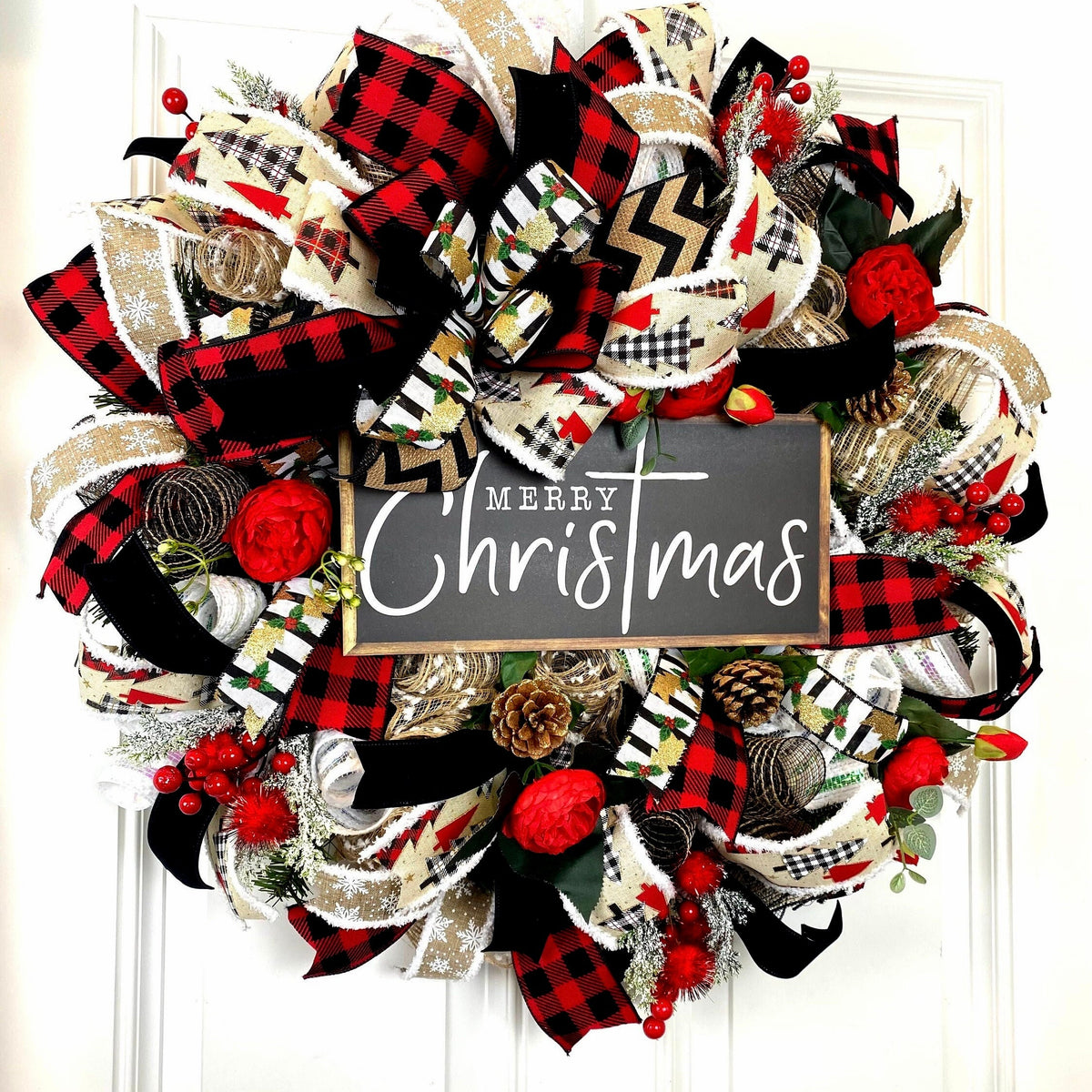 XL Christmas Wreath, Farmhouse Decor, Buffalo Check, Merry Christmas