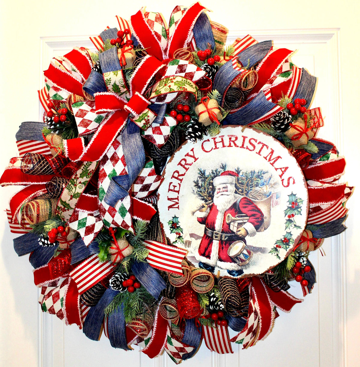 XL Santa Christmas Wreath: Rustic Holiday Front Door Decor