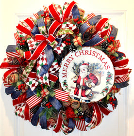 XL Santa Christmas Wreath: Rustic Holiday Front Door Decor