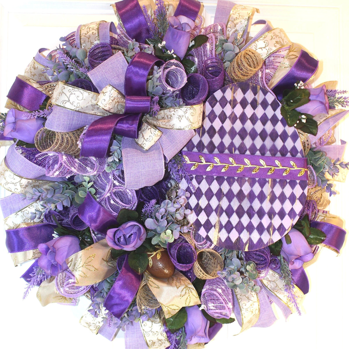 Harlequin Easter Egg Wreath: Purple Spring Door Decor