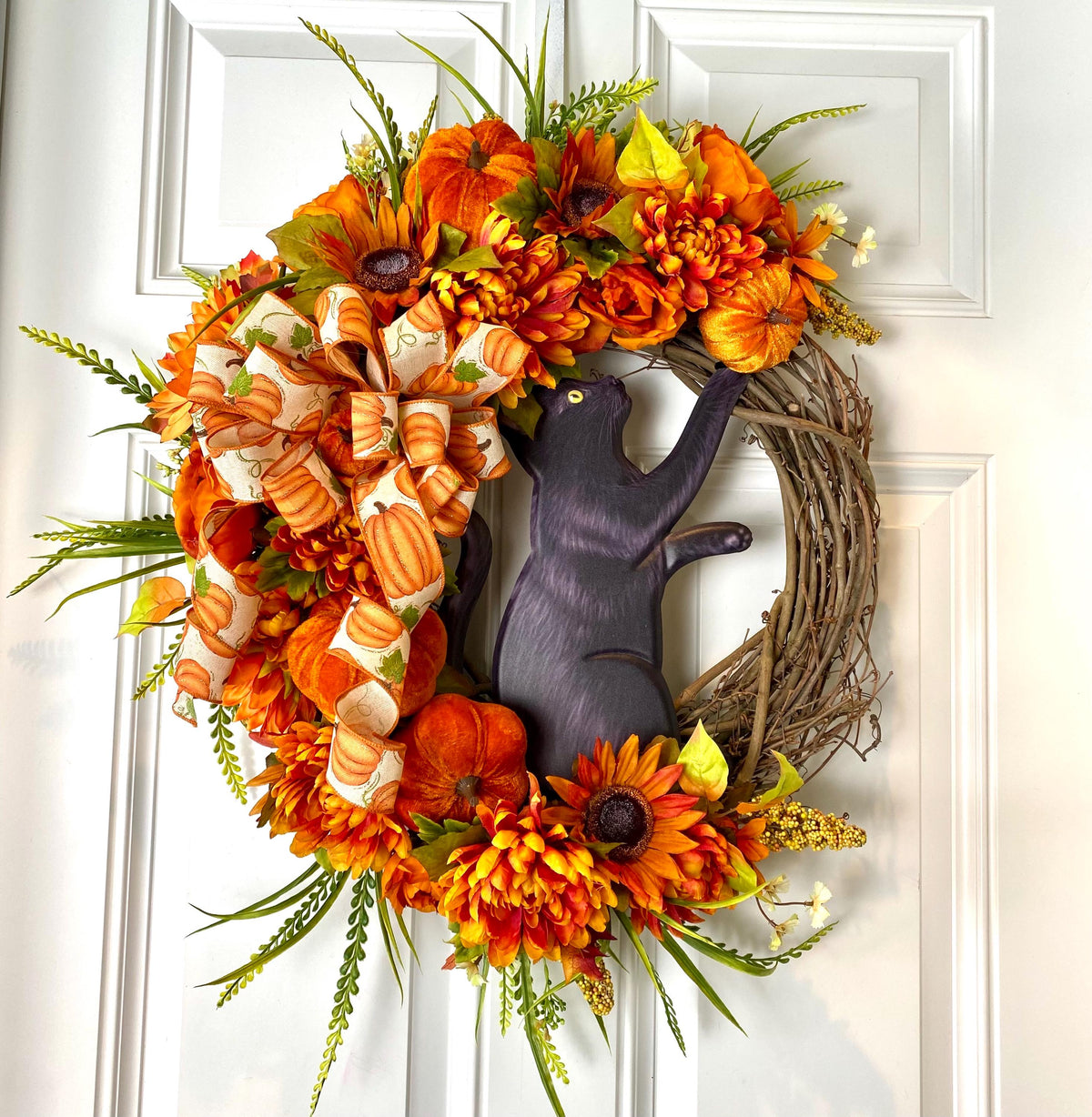 Black Cat Halloween Wreath, Peony & Sunflower Grapevine Wreath, Front Door Fall Floral