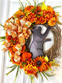 Black Cat Halloween Wreath, Peony & Sunflower Grapevine Wreath, Front Door Fall Floral