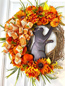 Black Cat Halloween Wreath, Peony & Sunflower Grapevine Wreath, Front Door Fall Floral