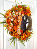Black Cat Halloween Wreath, Peony & Sunflower Grapevine Wreath, Front Door Fall Floral