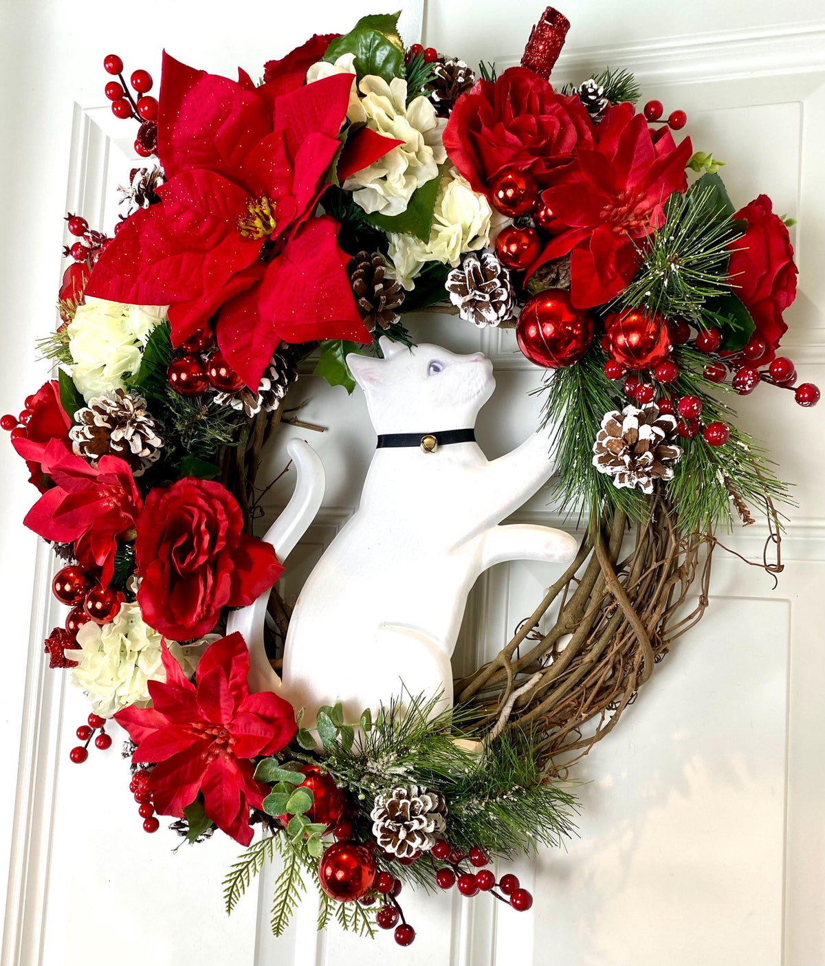 Christmas Cat Poinsettia Wreath,Ornament Pinecone Wreath, Holiday Ornament Wreath, Winter Porch Decor