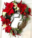 Christmas Cat Poinsettia Wreath,Ornament Pinecone Wreath, Holiday Ornament Wreath, Winter Porch Decor