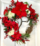 Christmas Cat Poinsettia Wreath,Ornament Pinecone Wreath, Holiday Ornament Wreath, Winter Porch Decor