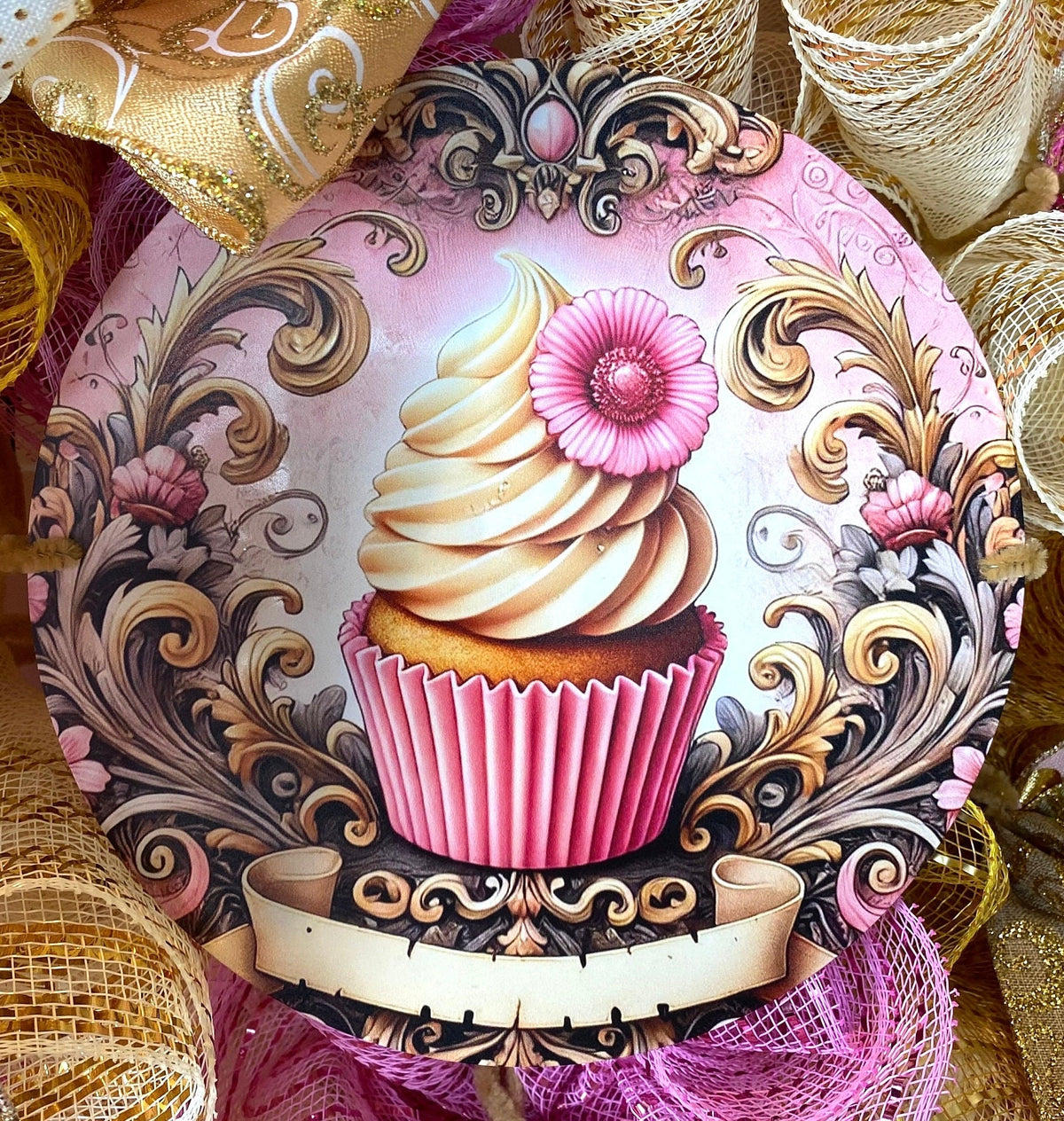 Pink and Gold Valentine Heart Wreath, Cupcake Ornament Wreath, Candy Land theme