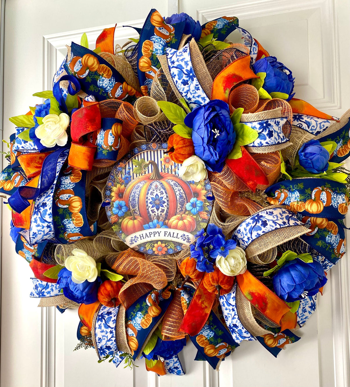 Blue Peony Pumpkin Fall Wreath: Farmhouse Autumn Decor (28” x 6”)