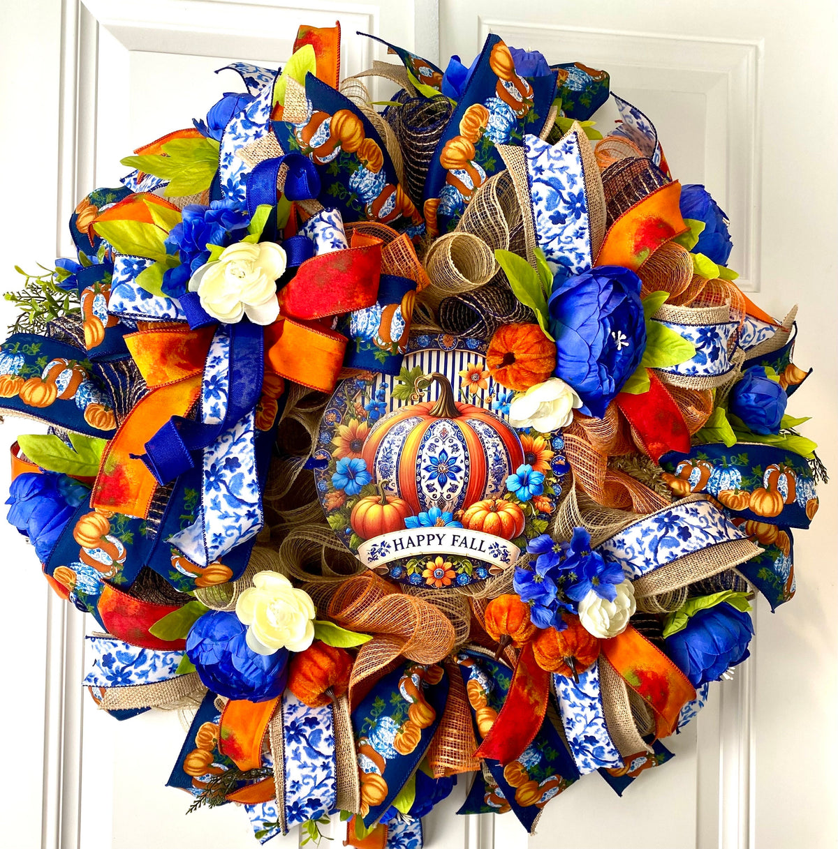 Blue Peony Pumpkin Fall Wreath: Farmhouse Autumn Decor (28” x 6”)