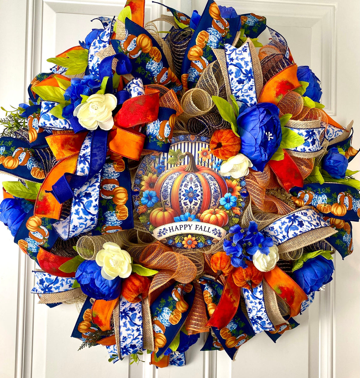 Blue Peony Pumpkin Fall Wreath: Farmhouse Autumn Decor (28” x 6”)