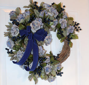 Blueberry Rose Wreath: Velvet Ribbon Farmhouse Door Decor